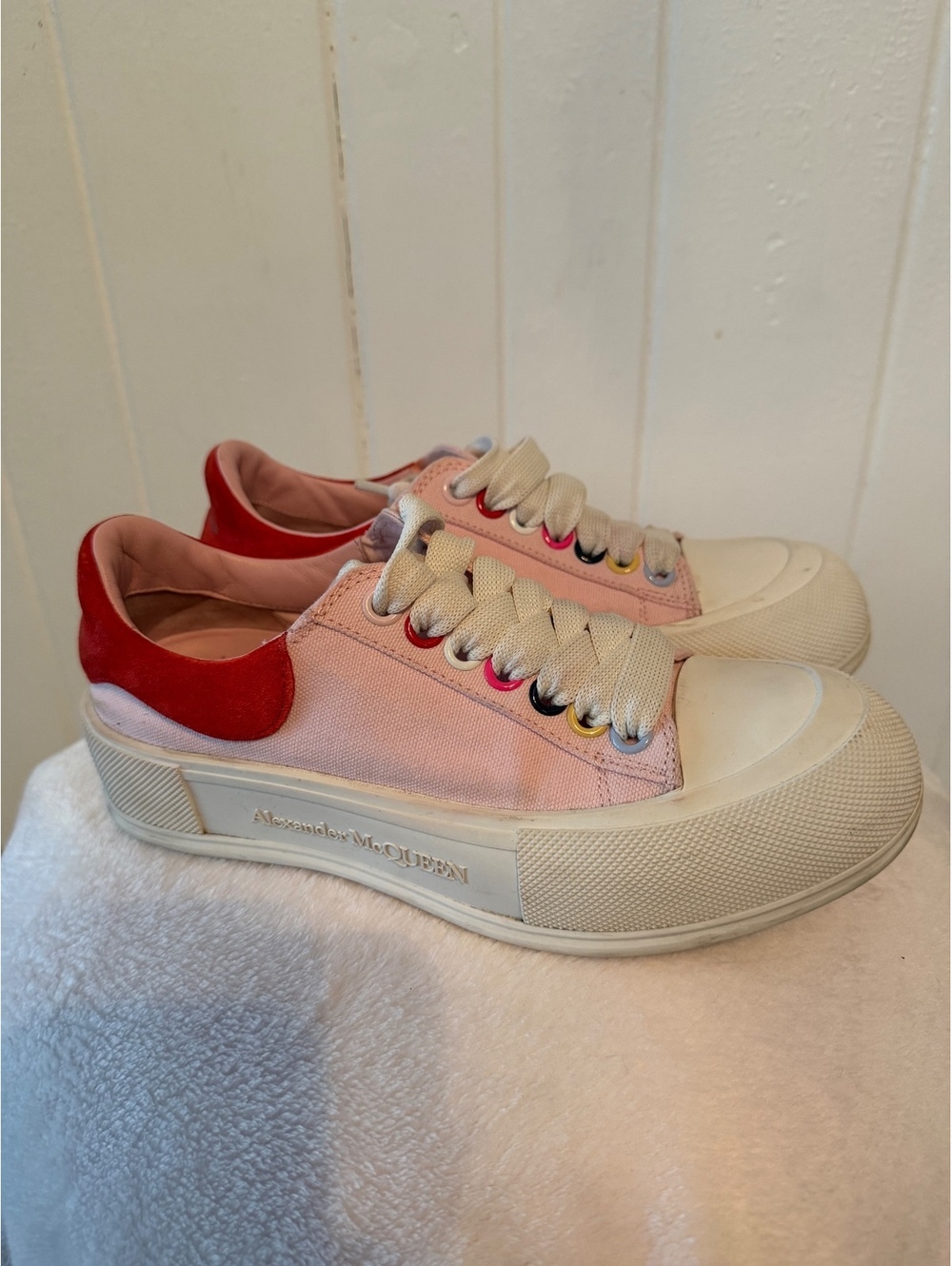 Alexander McQueen Pink and Red Canvas Low-Top Sneakers with White Rubber Soles